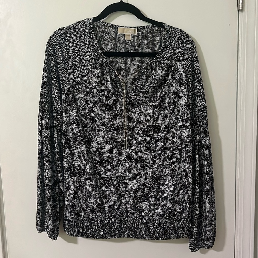 Michael Kors Women Blouse Black White Print Stretch Long Sleeves Silver Chain